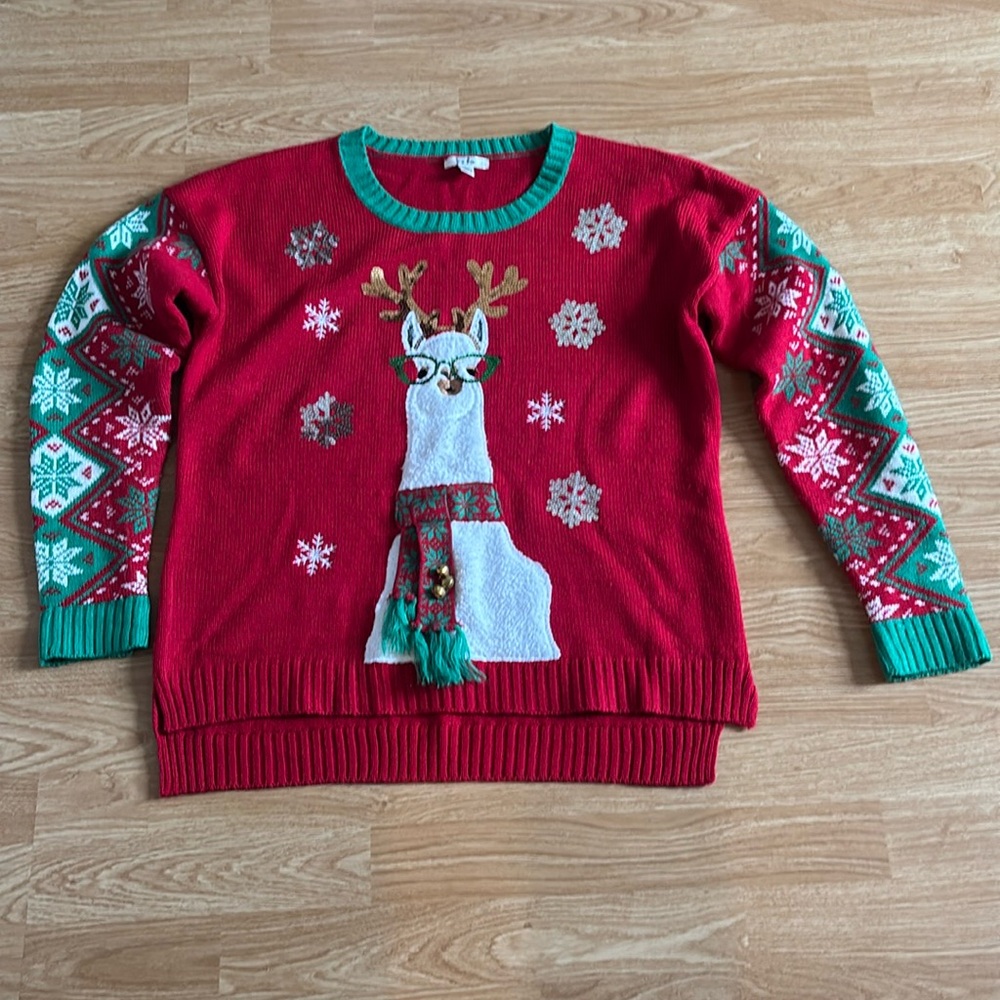 Ugly llama Christmas sweater size large, 100% acrylic exclusive of decorations